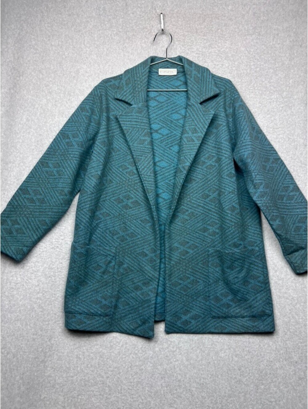 Gispa Italy Vintage Wool Angora Coatigan Open Front Teal Geometric Knit Jacket